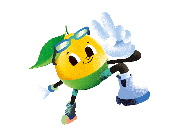 Lemon with a peace hand gesture