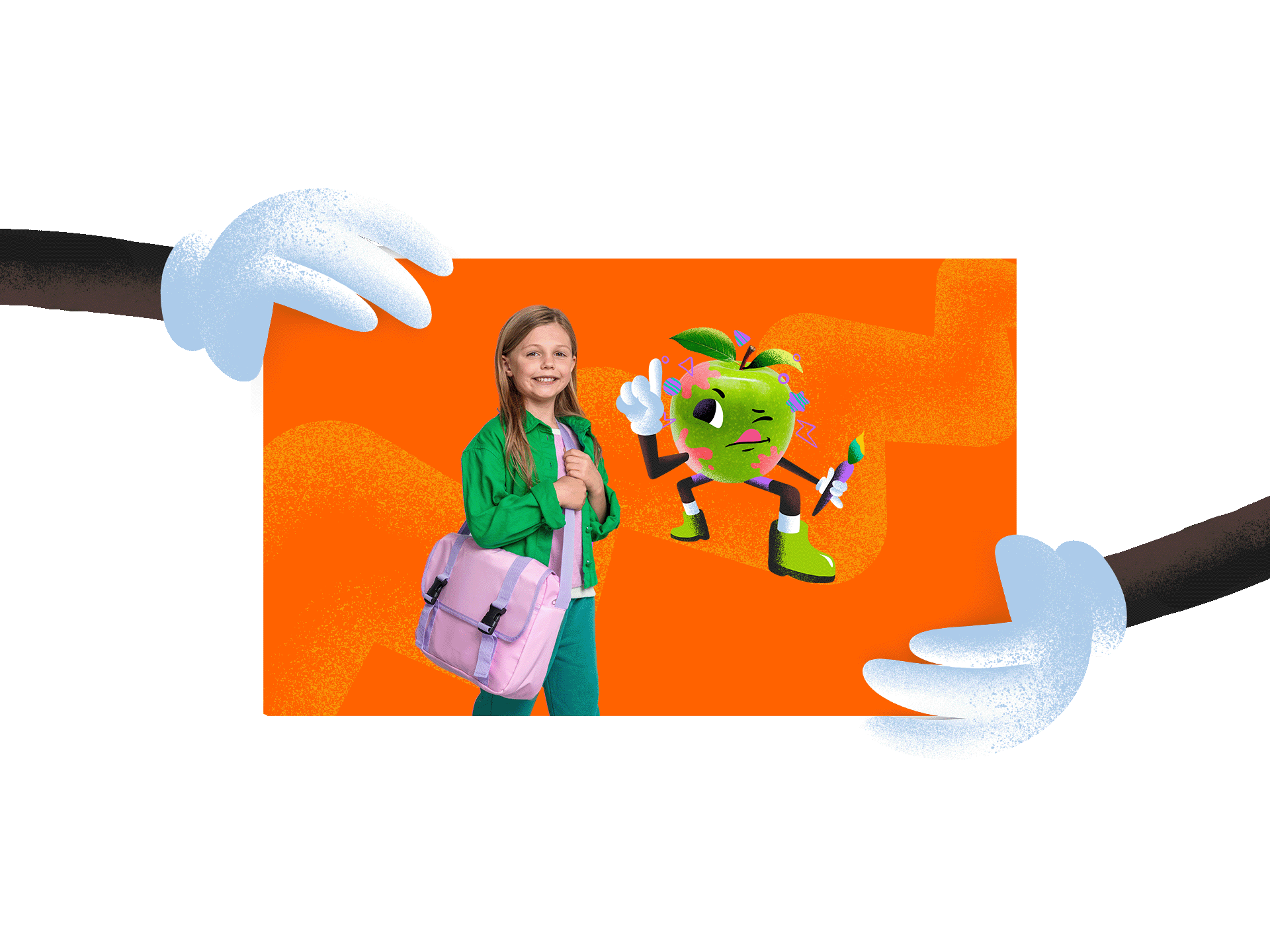 Girl with a fun bagpack next to an apple paintbrush