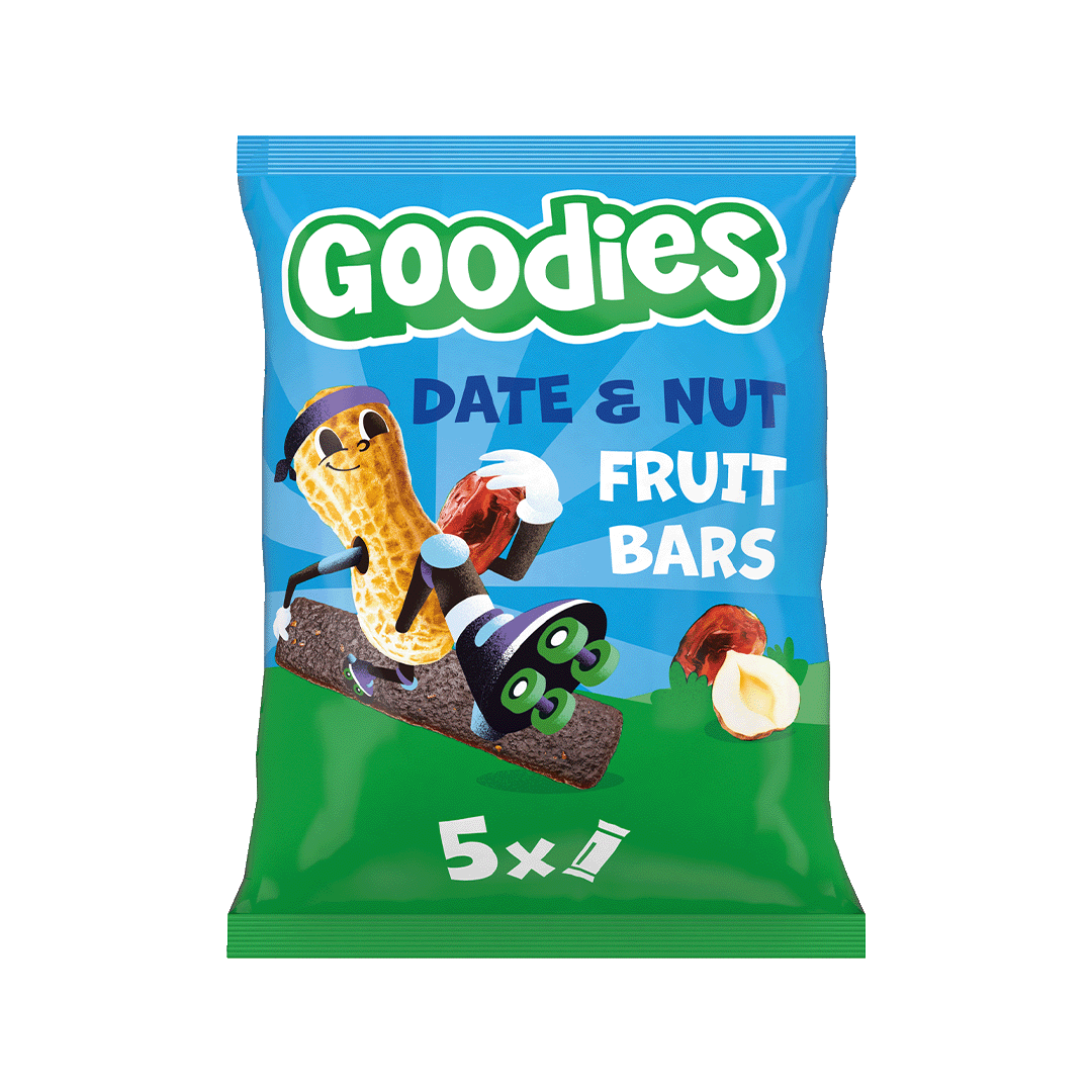 Package of Goodies Date & Nut Fruit Bars featuring colorful cartoon characters of a peanut and a date with playful expressions. The packaging is green and blue, showing five individually wrapped bars with visible fruit and nut pieces.