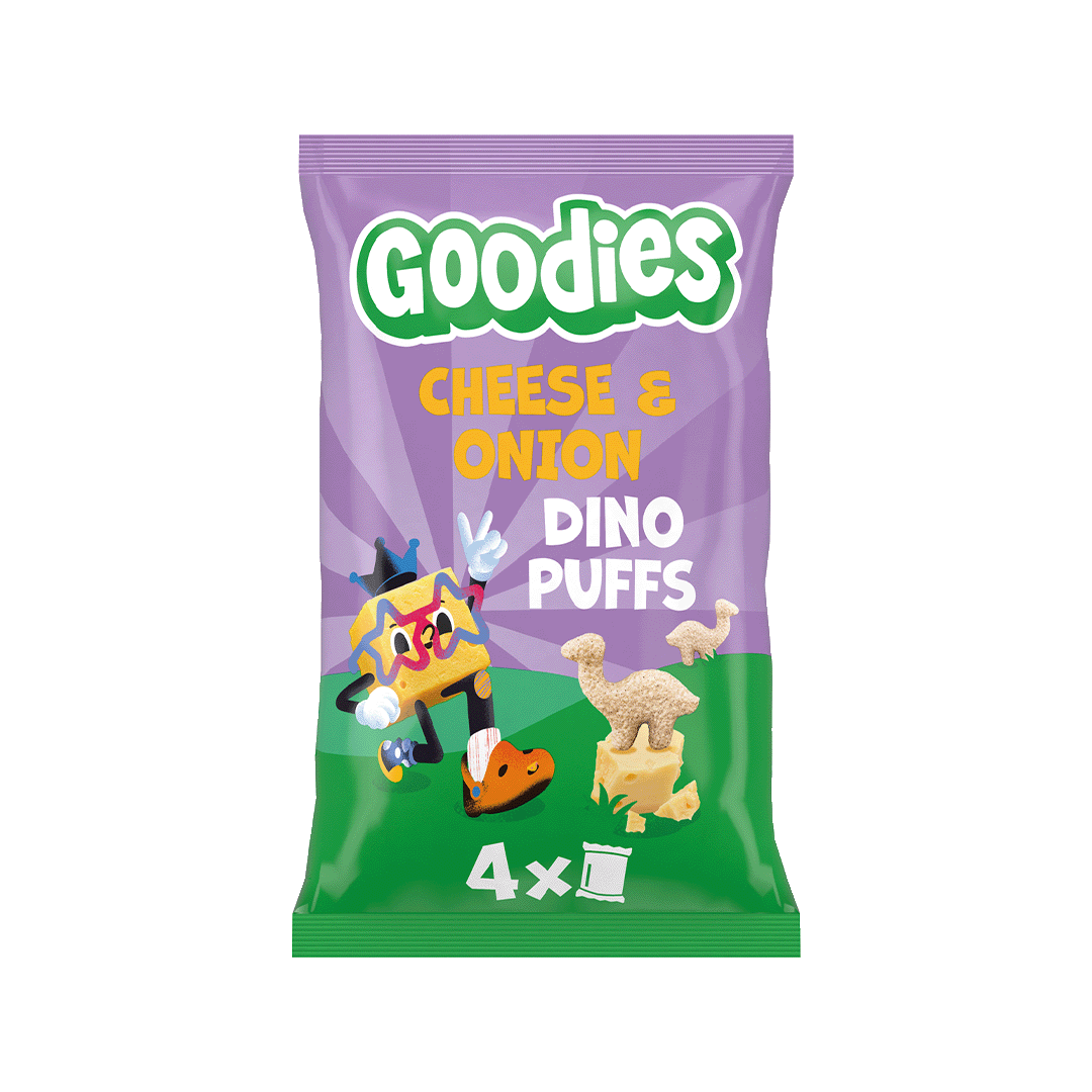 A purple and green packet of Goodies Cheese & Onion Dino Puffs featuring a cartoon cheese block character wearing sunglasses and sneakers, next to puffed snacks shaped like dinosaurs. The text reads “Goodies Cheese & Onion Dino Puffs” and “4 x 1”.