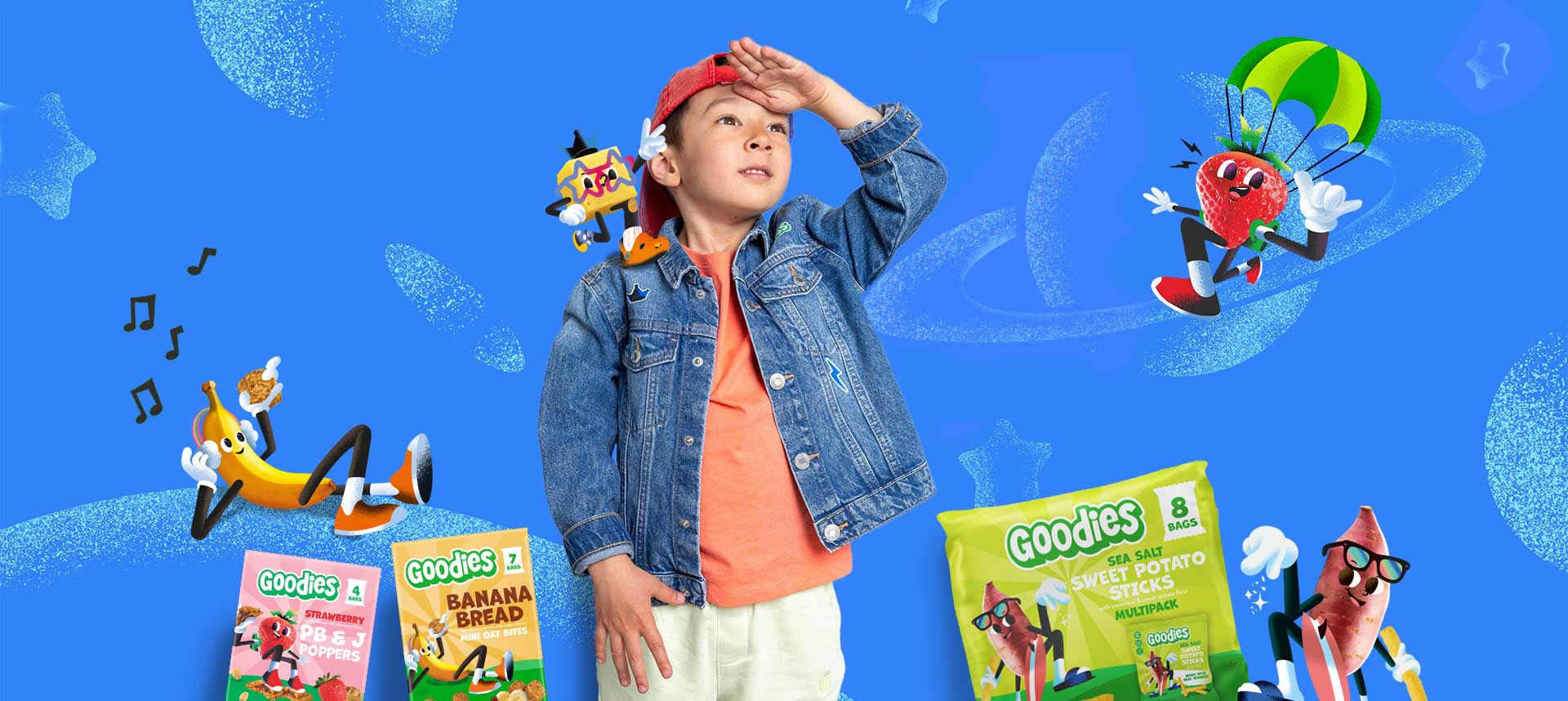 Boy looking at Goodies characters and snacks