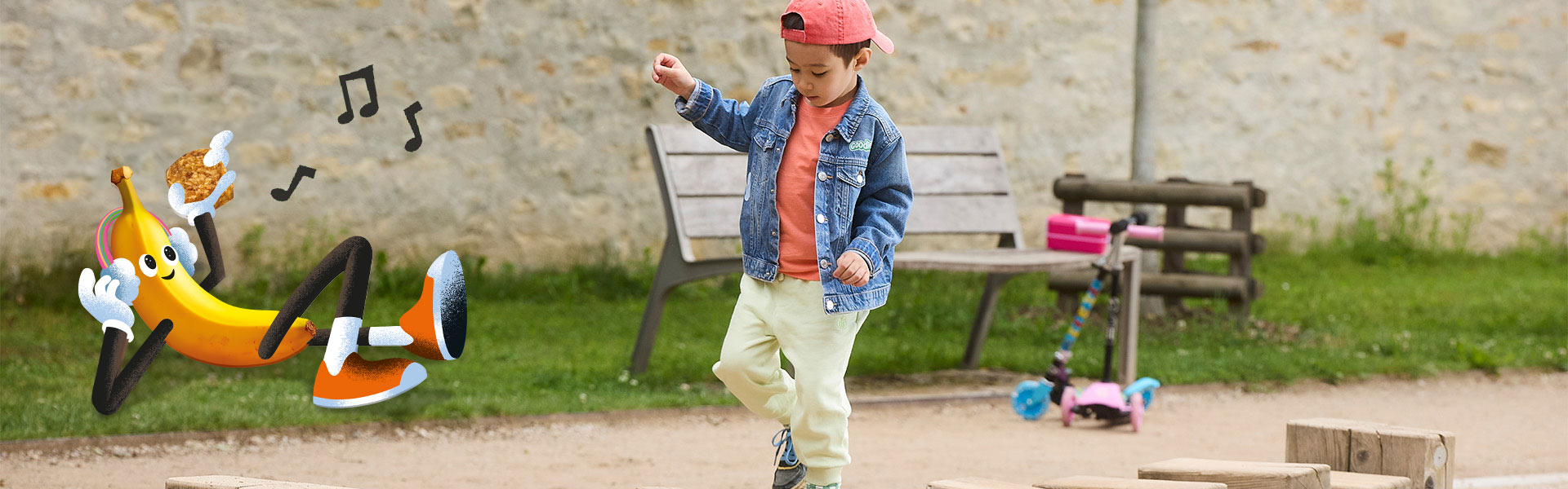 Boy hanging out with Goodies Banana character